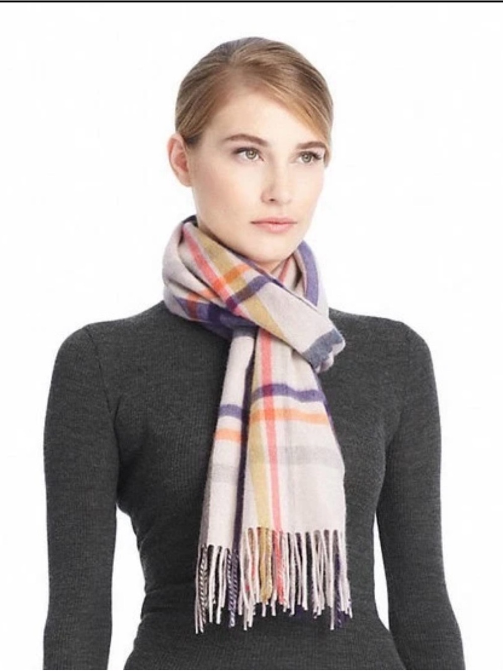 Coach 72 x 12 Woman 100% Cashmere Tattersall Scarf / Wrap 84063 Ivory Multi